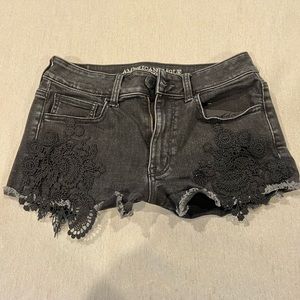American Eagle Women's Black Denim Hi-Rise Shortie Jean Shorts Crochet